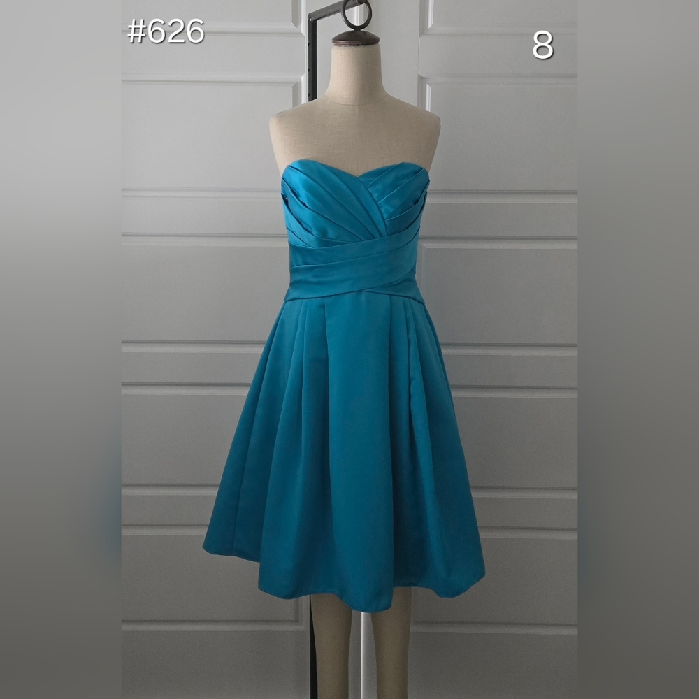 David's Bridal Blue Strapless Ruched A-line Midi Dress